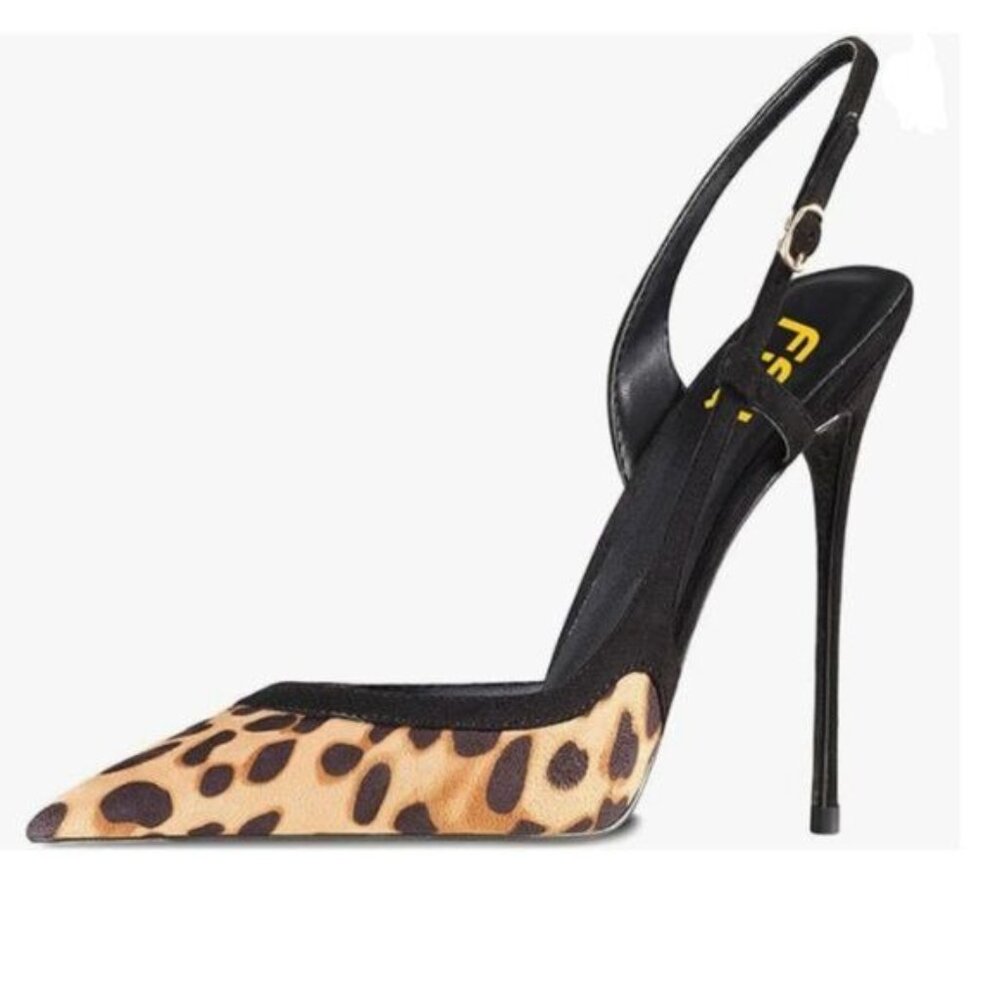 FSJ Leopard Print Pointed Toe D'Orsay High Heel Slingback Cutout Strappy Pump